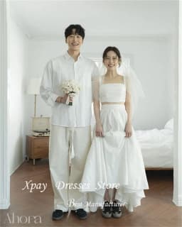 XPAY Simple A Line 2 Pieces Korean Wedding Dresses Pleats Taffeta Bridal Gowns Sleeveless Floor Length Sleeveless Customized