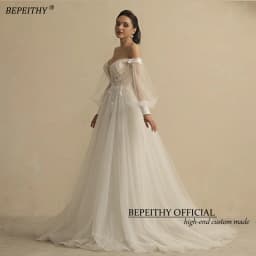 BEPEITHY Customized Boho Wedding Dresses For Women 2023 Bride Deep Neck Full Sleeves A Line Glitter Bridal Gowns Sweep Train New