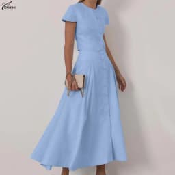 Oymimi Elegant Blue Cotton 2 Pieces Set For Woman Fashion O-Neck Short Sleeve Button Shirts And High Waist Mid-Calf Skirts Sets