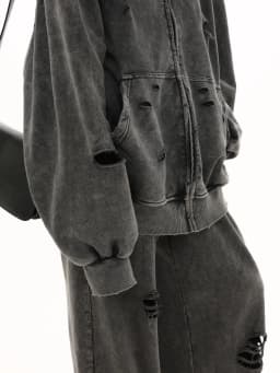 Autumn Winter Ripped Hole Punk Vintage Zip Up Hoodies Man Woman High Street Washed Distressed Sweatshirt Sudaderas