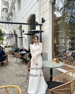 Toofgon Delicate Lace Formal Wedding Dresses Long Sleeves High Neck Buttons Bridal Gowns Bride Wedding Party Gowns Customized