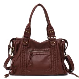 Vintage Washed PU Leather Large Capacity Tote Zip Pockets Braid Decor Shoulder Cross body Bag Unisex Women Daily Travel Handbag