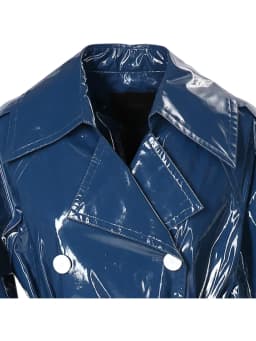 Nerazzurri Spring Autumn Waterproof Long Thin Soft Flowy Shiny Reflective Dark Blue Faux Leather Trench Coat for Women 2025