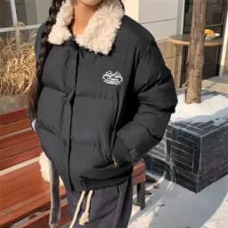 Lambswool Turn Down Collar Short Parkas Women American Retro Long Sleeve Cotton Padded Jackets Woman Thicken Warm Cropped Parkas
