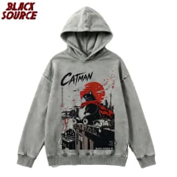 T497 Bai Men's Catman Red Moon Cat Graphic Hoodie, Japanese Streetwear Pullover Sweatshirt, Oversized Casual Urban Fashion