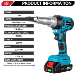 ONEVAN 720W Brushless Electric Rivet Gun Cordless 20000N Fit 2.4-5.0mm Rivet Nut Gun Industry Power Tool For Makita 18V Battery Pin