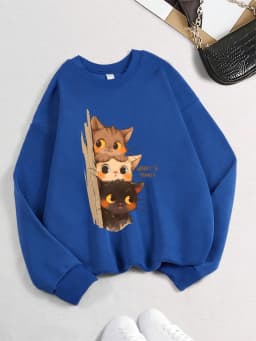 Three Little Cats Are Secretly Watching You Print Hoodie Women Street Loose Sweatshirt Basics Sporty Pullover Winter Clothes
