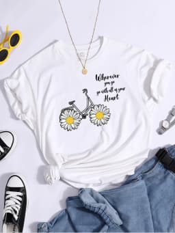 Women's Tshirt Daisy Bike Personalized Text T-Shirts Crewneck Vintage Short Sleeve Tops Korean Style Solid Color Women Tshirt