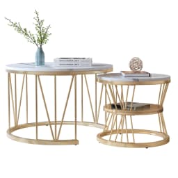 Rosahqnda Marble Look Coffee Table,Round Gold/Black Frame,Set of 2,Modern Living Room Stackable Table,Side Table for Living Room