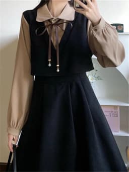 Spring Autumn Winter plus Size College Style Shirt Patchwork Hepburn Retro Dress Student a Line Skirt Long Sleeve High Waist