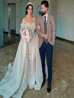 Customized Off The Shoulder Heavy Appliques Pearls Trumpet Bridal Dress With Detachable Train Illusion Full Sleeves Bridal Gown