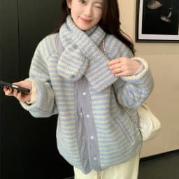 Korean Sweet Two Side Wear Padded Jacket Women Fleece Lined Thick Warm Parkas Woman Lazy Style Stripe Scarf Winter Jackets