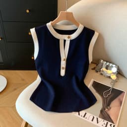 Women's Sleeveless T-shirt Elegant Button Round Neck Colorblock Knit Sleeveless Tshirts Cami Summer Elasticity Commuting Tops