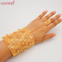 France Luxury Chain Cuff Bangle & Ring For Women Dubai Gold Color Indian Moroccan Big Bracelet Jewelry Arabic African Wedding