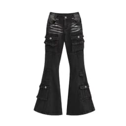 Women's Low Waist Cargo Jeans Black Washed 2000s Y2K Retro Distressed Whiskers Multi-Pocket Bootcut Micro Flare Pants Grunge New