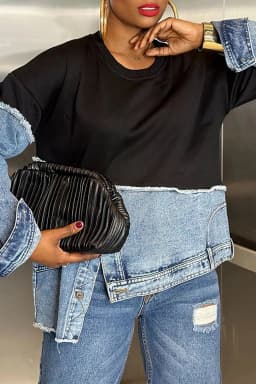 Mock Two-Piece Denim Insert Sweatshirt Raw-Edge Crewneck Long Sleeve Top Retro Fusion Pullover Women Chic Spring Fall Streetwear