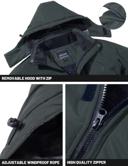 TACVASEN Men's Ski Parka Jacket Waterproof Fleece Lined Insulated Thermal Snowboard Sports Work Winter Jacket with Detached Hood