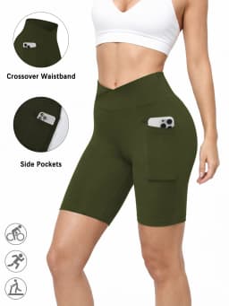 Women's Super Soft Crossover High Waisted Biker Shorts With Pockets Tummy Control No See Through Workout Yoga Running Shorts