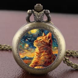 Sleep Cat Watch Black Quartz Pocket Watch Van Gogh's Art Vintage Accessory Women Necklace Pendant Clock Men Gifts for Cat Lover