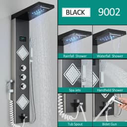 Black Nickel LED Shower Panel Six Functions Shower Column Rain Waterfall Shower Massage Spa Jets Tub Shower With Bidet Bath Taps