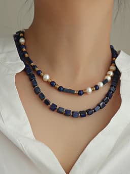 European and American simplicity Lapis Lazuli Blue Square Sweater Chain Necklace Luxury Autumn Winter Accessory Bead Light