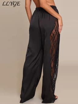 Casual Lace Satin Patchwork Pants Women See Through High Waist Lace Up Straight Trousers 2026 Spring Lady Solid Chic Trouser