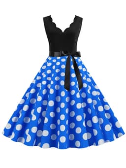 Polka Dot Print Women Summer Dress Black Patchwork Sleeveless V Neck Elegant Vintage Party Casual Midi Dress