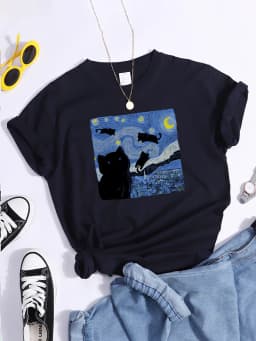 Vincent Van Gogh Starry Night Cute Cat In Painting Print Women's t-Shirt Hip Hop Soft Tops Loose Tshirt Summer Women's Tshirts