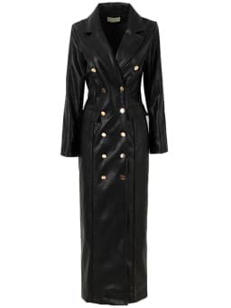 Lautaro Spring Autumn Extra Long Black Faux Leather Trench Coat for Women Double Breasted Luxury Elegant British Fashion 2022