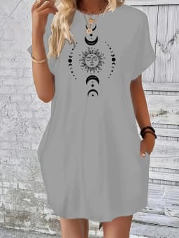 Ladies' Summer Loose Sun Moon Planet Pattern Printed Round Neck Short Sleeved Pocket Comfortable Casual Plus Size Dress