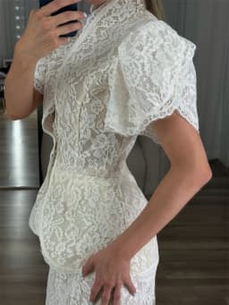Kyoto Customized White Jacquard Floral Lace Puff Sleeve Wedding Dress High Neck Vestidos De Noche Floor-Length Robe De Mariée