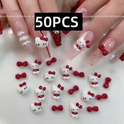 70/50Pcs Hello Kitty Cat Nail Charms Cute Mix Color 3D Heart and Bowtie Nail Art Accessories for a Stylish and Adorable Manicure