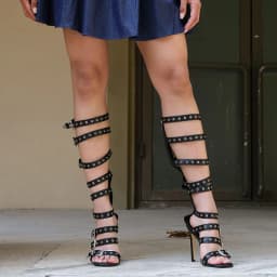 Onlymaker Women Round Toe Hollow Buckle Starp Thigh Stiletto Sandals Ankle Strap Zipper Gladiator Buckle Sandals