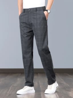 Summer Thin Plaid Formal Stretch Pants Men Slim Business Grey Black Casual Pant Fashion Male Clothing England Trousers