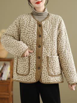 Retro Diamond Pattern Cotton Jacket Women's Winter Large Size Cotton Padded Thickened Short Outerwear Japanese Style round Ne...