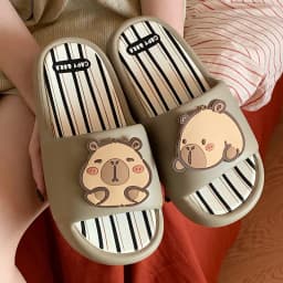 Women Cute BathSlippers Capybara Decor Stripes Thick Soft-Sole Bathroom Beach Summer Couple Black White Casual Non-slip Home New