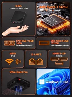TexHoo Mini PC AMD Ryzen 3 5425U 4300U Dual LAN 4K Display DP+2xHDMI DDR4x2, NVMe/SATA M.2 for Soft Router Firewall NAS Computer