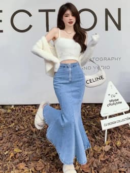 2026 Solid Slimming High Waist Midi A- Line Skirt Woman Trumpet Sides for Women Denim Half-length Skirt with Flounce