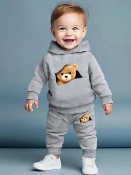 Newborn Baby Boy Fun Cartoon Bear Print Long Sleeve Fleece Sweatshirt with Casual Sports Pants Set Spring Autumn Gift