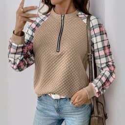 Plaid Patchwork Sweatshirt Loose Fit Literary Retro with Regular Length Autumn Striped Standard Thickness Crew Neck Women Hoodie