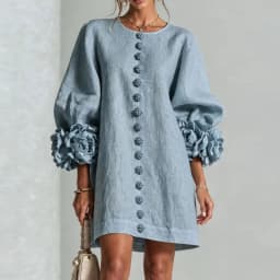 Elegant Solid Dresses Women Round Neck Lantern Sleeve 3D Flower Cuff Decorative Button Loose Short Dress Casual Streetwear Dress