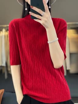 Women New Soft Diamond Letter Design Sweater Half-high Collar Three Quarter Sleeve Pullover Spring Summer Casual Knit Slim Top
