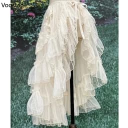 Sweet Lolita Style Double Layer Lace Asymmetrical Ruffles Skirts Women Summer Mesh Cute Curtain Sheer Cover Up Thin Long Skirt