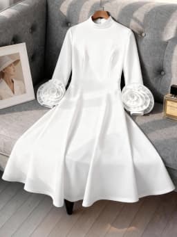 Classy Women A Line Pleated Dress Half High Neck Long Sleeve with 3D Floral High Waist Weddings Christmas New Year Formal Events