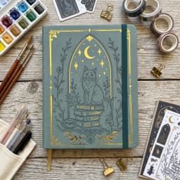 B6 Dot Grid Notebook, 160gsm Ivory Paper, 5mm Dotted Pages, Lay-Flat Hardcover with Gold Foil Cat Moon Design, Elastic Closure