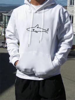 Simple Shark Printing Hoodie For Men Kangaroo Pocket Drawstring Pullovers Thermal Fleece Warm Sweatshirts Autumn Casual Clothes