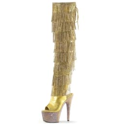Gold Gothic Stripper Heels Over The Knee Boots 7Inch Fringe Rhinestone High Heels Exotic Dancer 17cm Over The Knee Boots Catwalk
