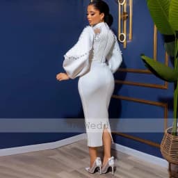 Customized Saudi Arabia Midi Wedding Dresses Jersey Sheath Wedding Party Dress White High Collar Pearls Lace Hall Wedding Dress