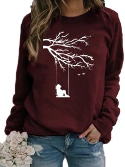 Women's Autumn and Winter Loose Casual Comfortable Tree and Bird Design Printed Velvet Long-Sleeved Round Neck Hoodie Pullover