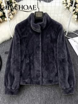 AACHOAE Women Faux Fur Jacket Winter Coat Stand Collar Long Sleeve Snap Button Warm Loose Casual Elegant Outerwear